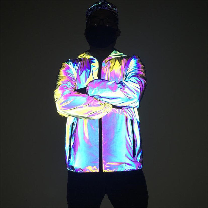 Men Reflective Hooded Jacket Casual Night Colorful Windbreaker Man Hip-hop Coats